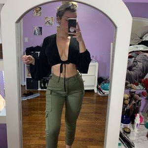 Black long sleeve deep v flowy slinky top